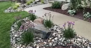 flower beds in front of house with rocks