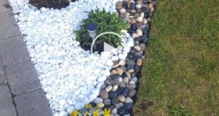 flower beds in front of house with rocks