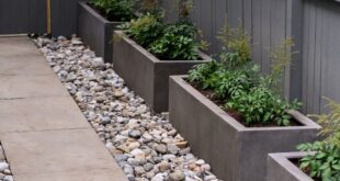 flower beds in front of house with rocks