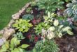 flower beds in front of house with rocks