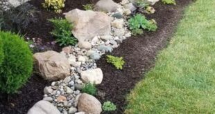 flower beds in front of house with rocks