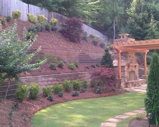 Steep Hillside Landscaping Ideas | Outdoor Fireplace and Pergo