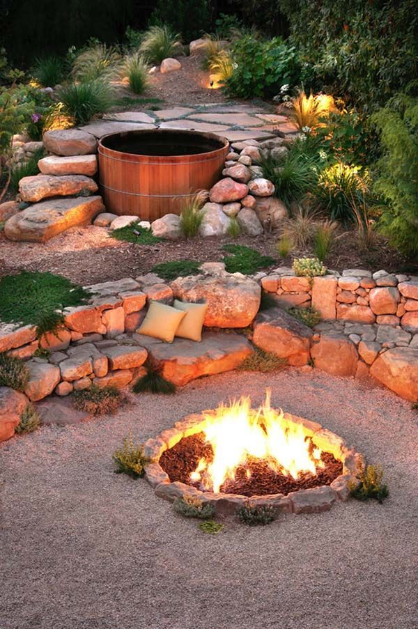 40 Super cool backyards with cozy fire pits | Sloped backyard .