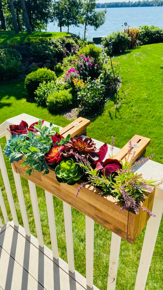 Acacia Wood Railing Planter Box, Deck Railing Planter, Balcony .