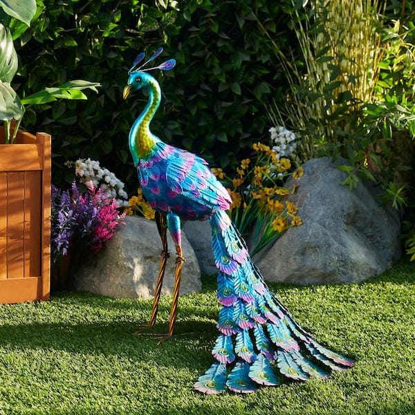 Alpine Corporation 28 in. Tall Outdoor Metallic Peacock Standing .