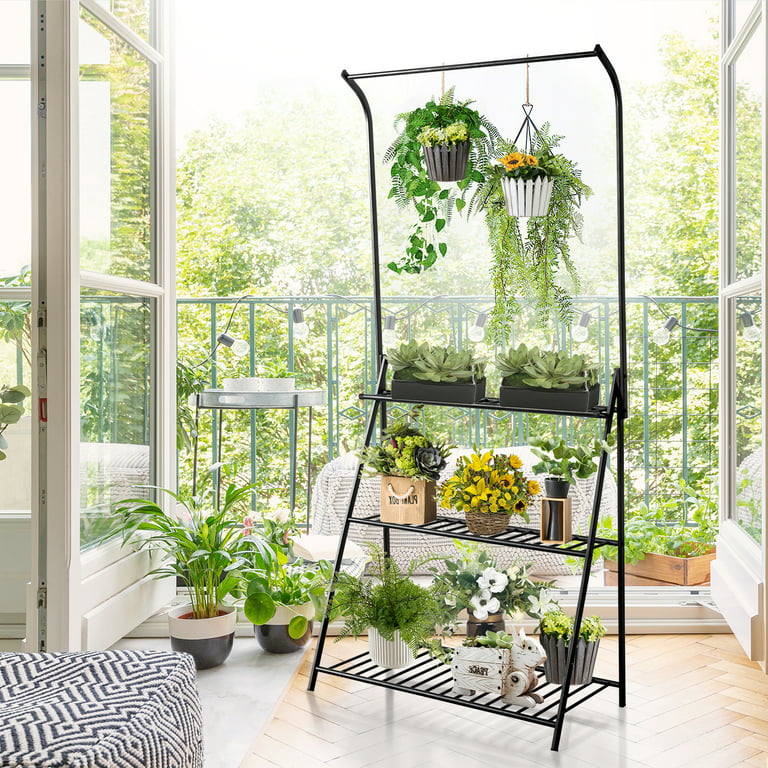 Plant Stand Indoor, 3-Tier Tall Plant Stand with Hanging Top Bar .