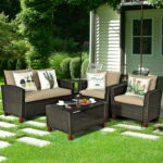 Costway 4PCS Modern Patio Rattan Cushioned Sofa Set Solid Wood Leg .