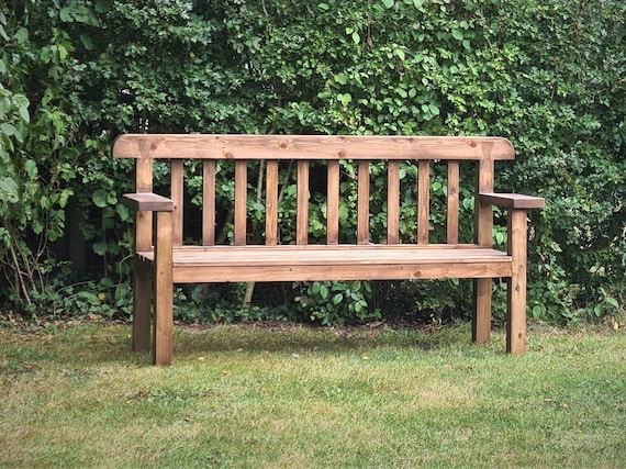 Garden Bench Seat, With Wide Arms, Natural Wood, Rustic Country .