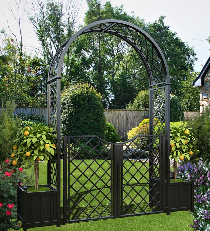 Portofino Garden Arch with Planters and Garden Gate. Galvanised stee