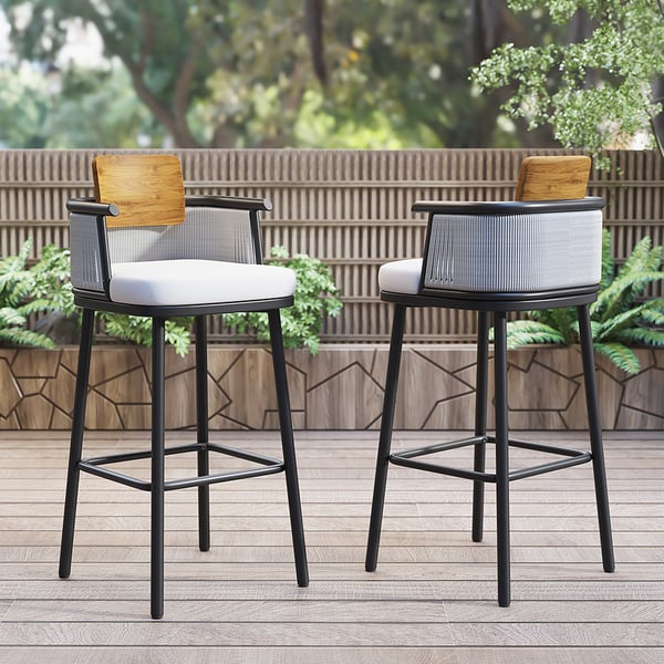 2 Pieces Outdoor Patio Teak & Aluminum 41" Bar Stools Set with .