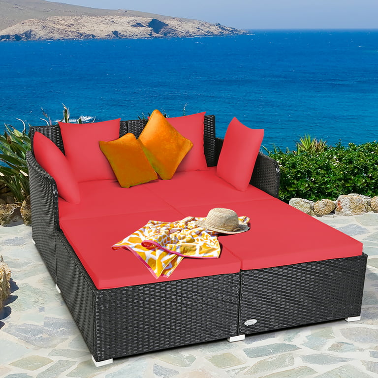 Costway Outdoor Patio Rattan Daybed Thick Pillows Cushioned Sofa .