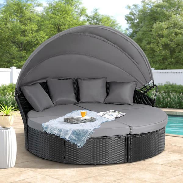 Suncrown 4-Piece Wicker Outdoor Day Bed with Black Cushions and .