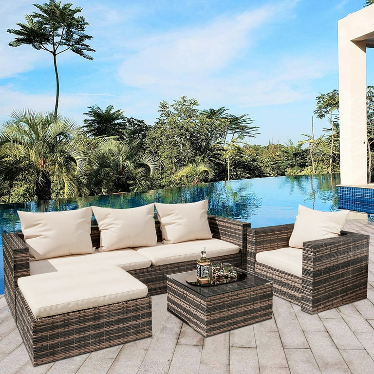 4 Pieces Patio Furniture Sectional Set, Outdoor All-Weather Wicker .