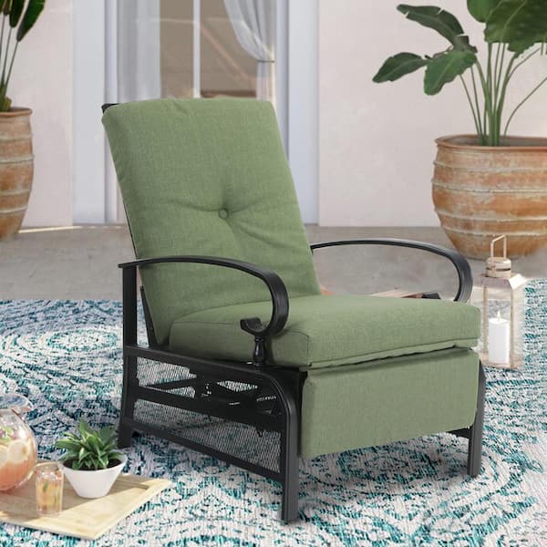 PHI VILLA Adjustable Black Metal Outdoor Recliner with Green .