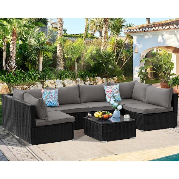 Cesicia Black 7-Piece Wicker Outdoor Sectional Sofa Set Patio .