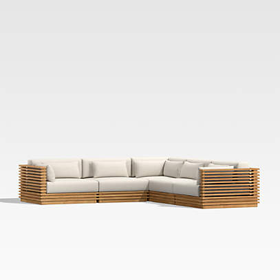 Batten 5-Piece L-Shaped Teak Outdoor Sectional Sofa with Oat .