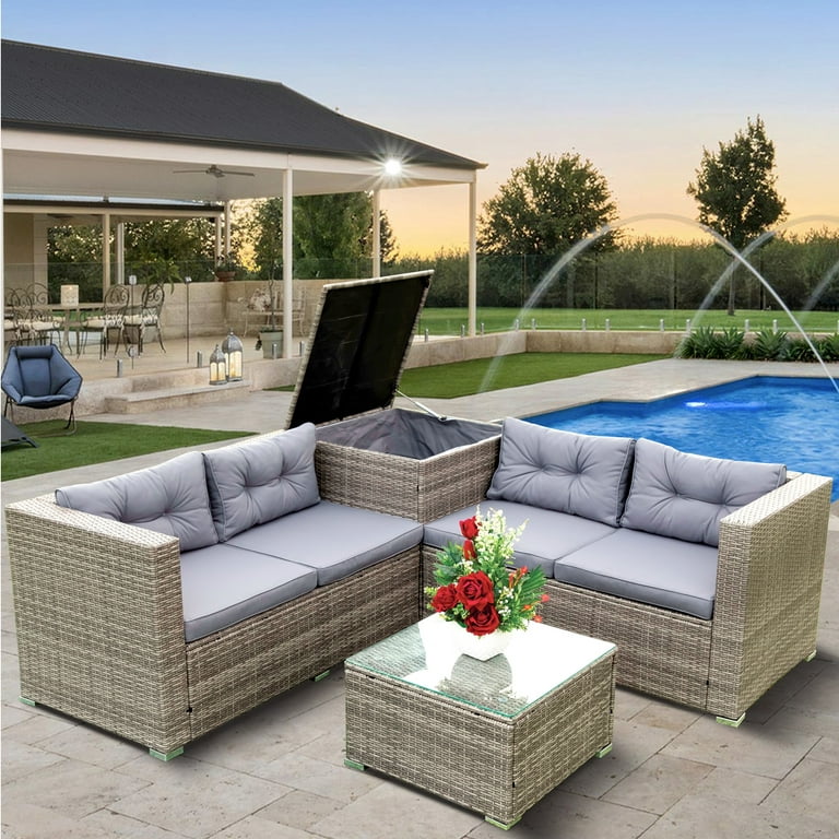 Rattan Patio Sofa Set, 4 Pieces Outdoor Sectional Furniture, All .