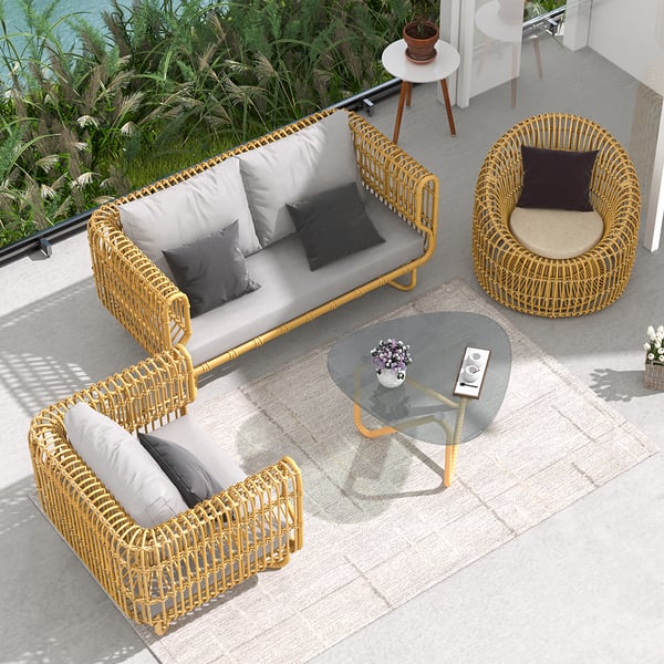 4 Pieces Rattan Outdoor Sofa Set with Glass Top Coffee Table and .