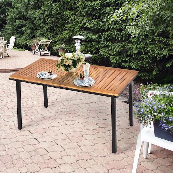 Costway 55 in. Patio Wood Rattan Outdoor Dining Table Acacia Wood .