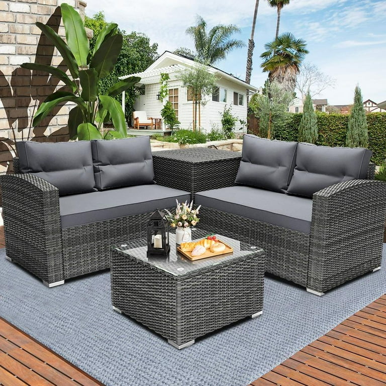 Rattan Patio Sofa Set, 4 Pieces Outdoor Sectional Furniture, All .