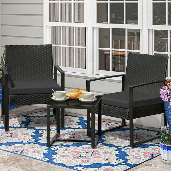 Tozey Black 3-Piece Patio Sets Steel Outdoor Wicker Patio .