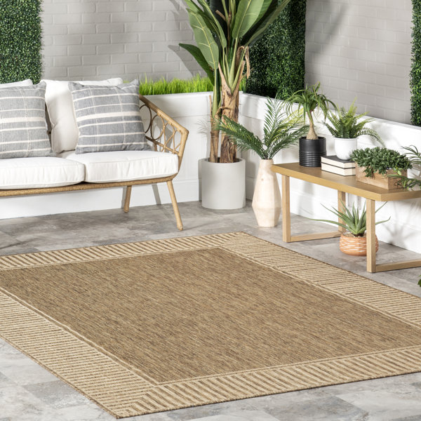 Gracie Oaks Alegre Bordered Power Loomed Tan Indoor/Outdoor Rug .