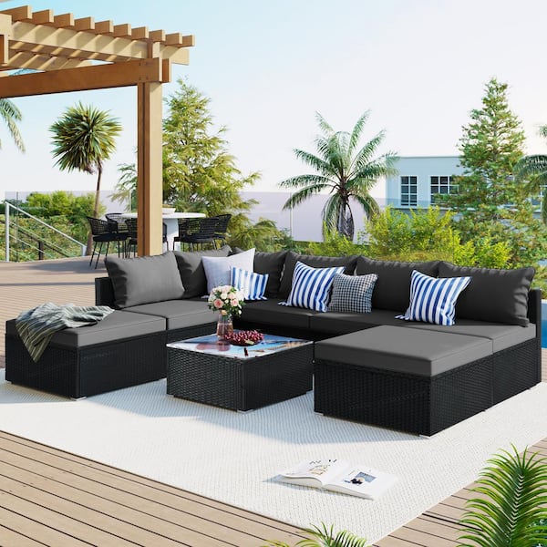 Zeus & Ruta 8-Pieces Gray Wicker Outdoor Patio Sectional Set with .