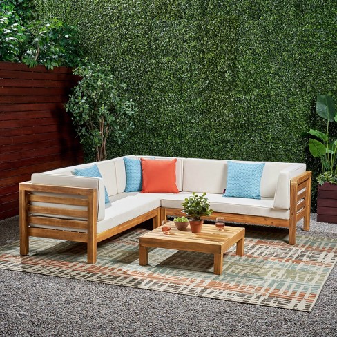 Oana 4pc Acacia Wood Patio Sectional Chat Set W/ Cushions .