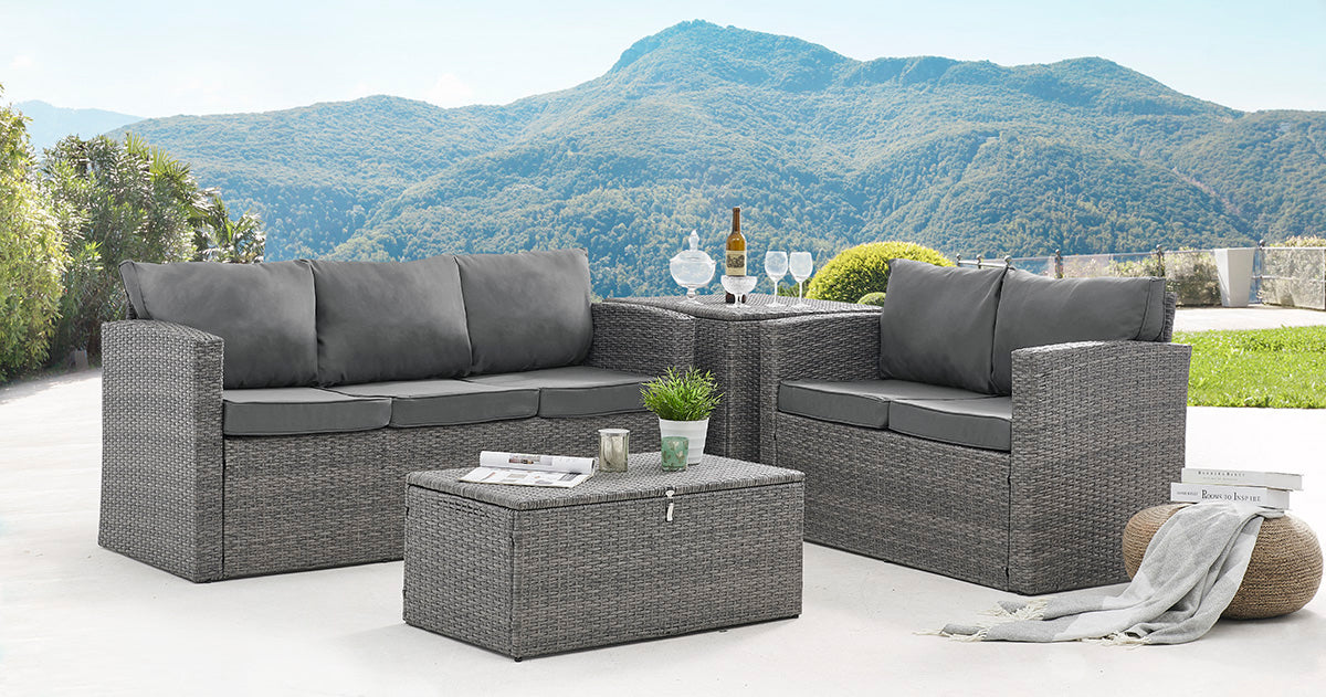 Paloma Sofa Rattan Garden Set with Storage Tables - Grey | Home Deta