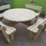 Round Garden Picnic Table / Bench Set With Back Rests Thick Rustic .