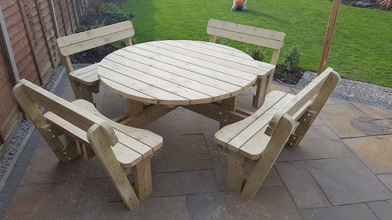 Round Garden Picnic Table / Bench Set With Back Rests Thick Rustic .