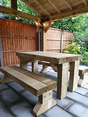 Rustic Solid Wooden Sleeper Outdoor Table and Benches Garden .