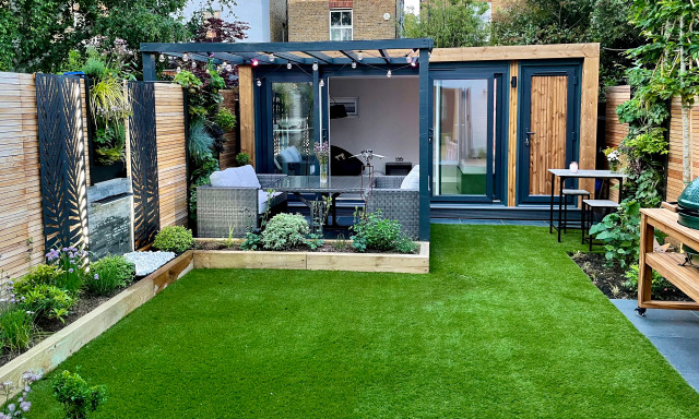 Small contemporary city garden, Living walls and summer house .