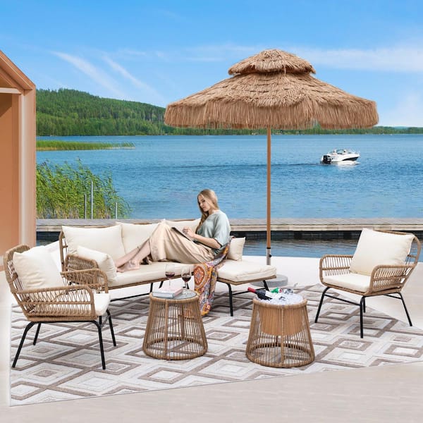 NICESOUL 6 Piece Boho Outdoor Furniture Beige Wicker Small Size .