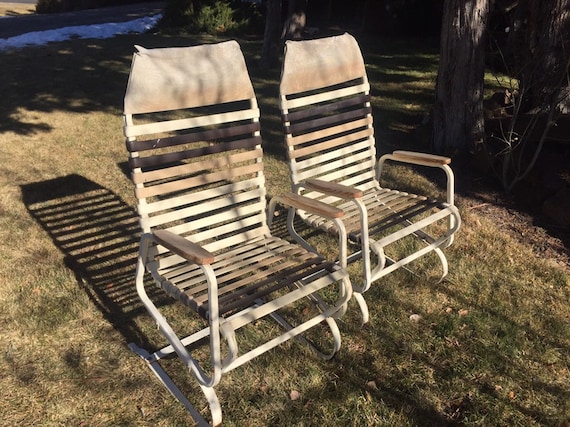 Vintage Vinyl Straps Bouncy Patio Chairs With Wood Armrests in the .