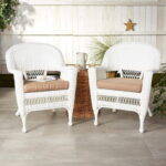 Jeco Wicker / Rattan Chair in White with Tan Cushion (Set of 2 .