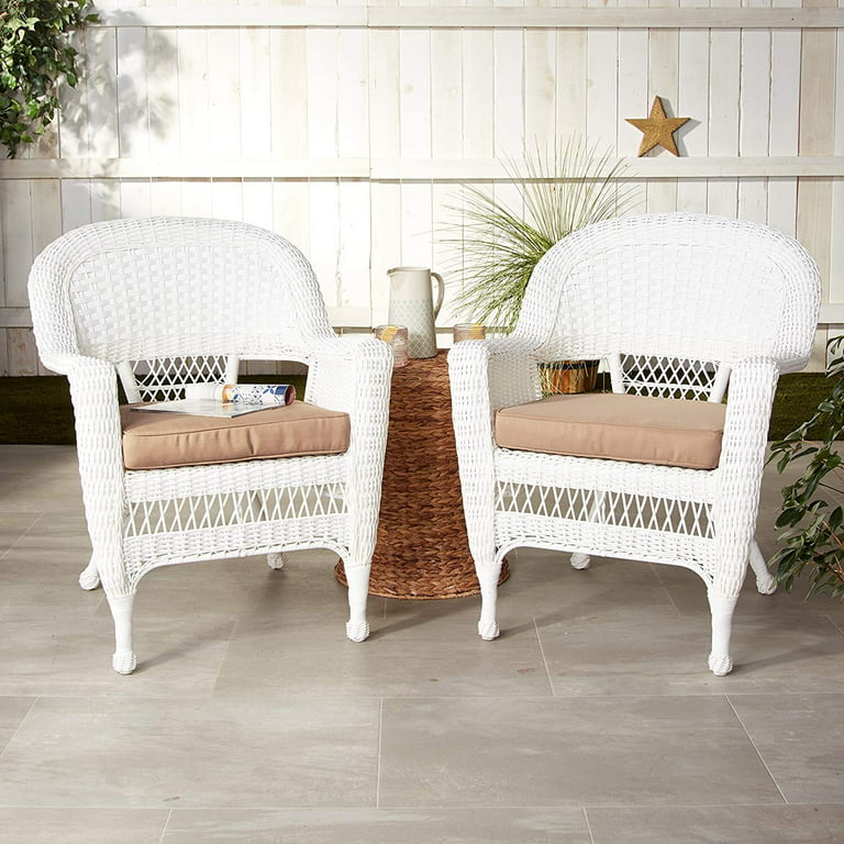 Jeco Wicker / Rattan Chair in White with Tan Cushion (Set of 2 .