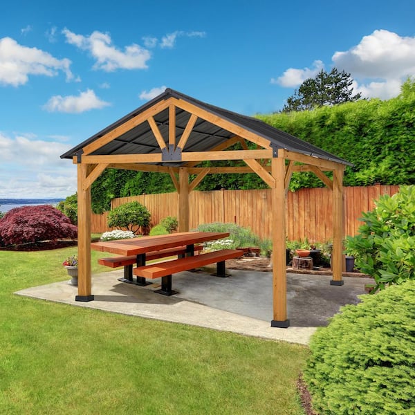 Outsunny 11 ft. x 13 ft. Natural Fir Wood Hardtop Patio Gazebo .