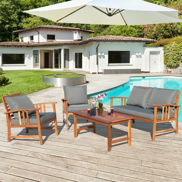 Costway 4PCS Wooden Patio Furniture Chair Set New Sofa Table For .