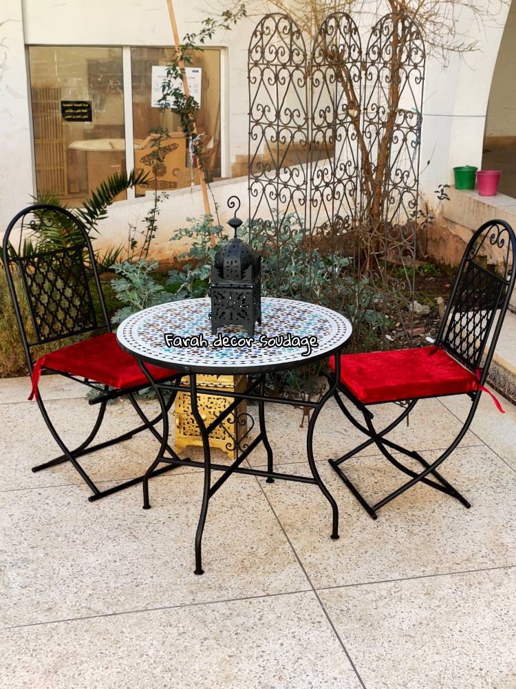 Garden Table Made of Mosaic With 4 Chairs Wrought Iron, Patio Set .